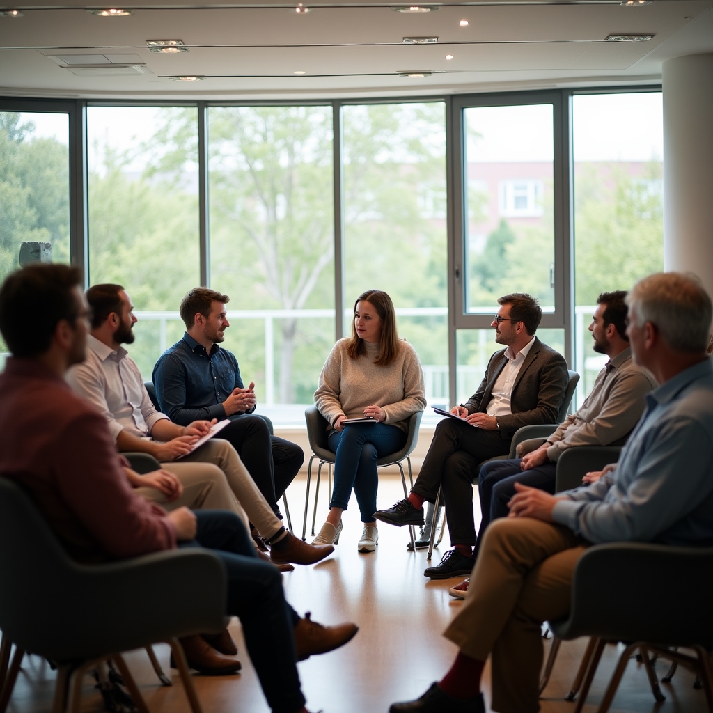 Gruppe von Erwachsenen sitzt im Kreis und bespricht Haushaltsbudgets an einem großen Tisch