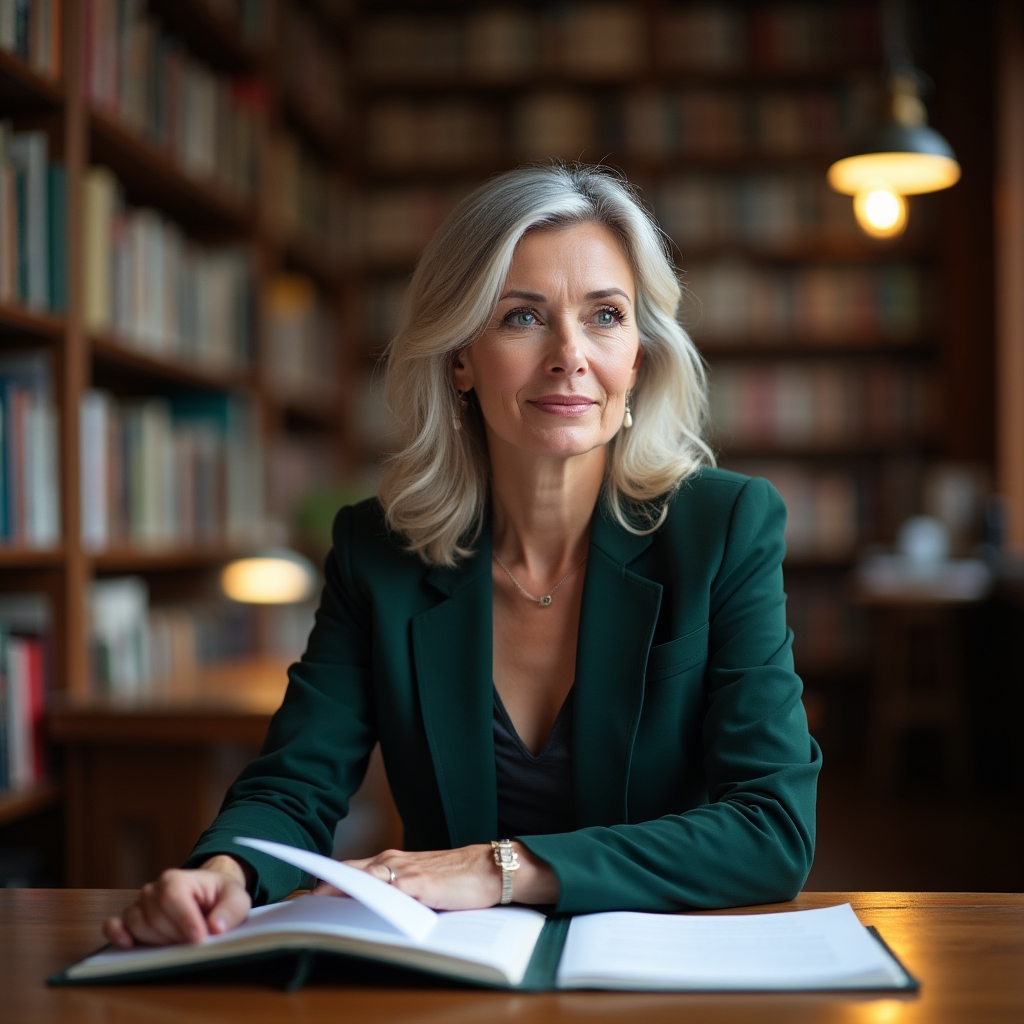 Kursleiterin sitzt mit Unterlagen zur Erwachsenenbildung in einer Bibliothek