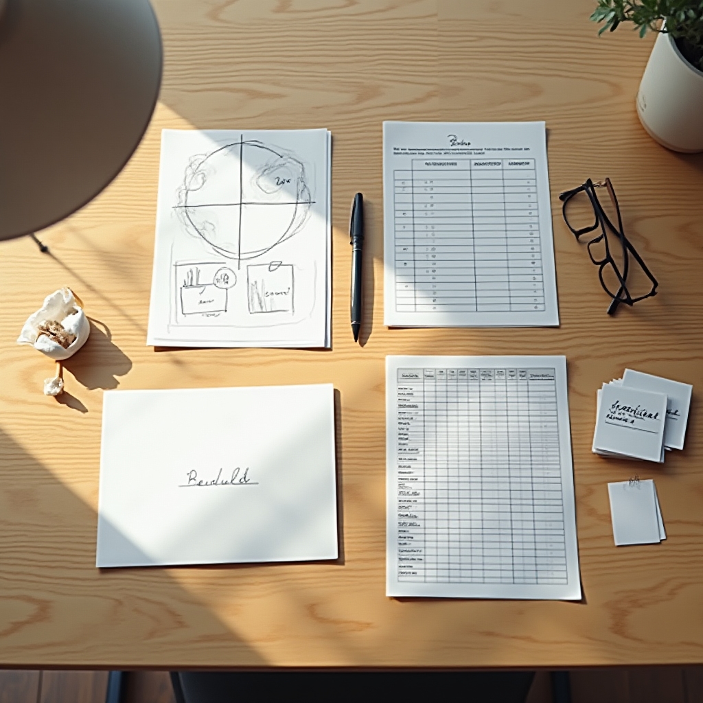 Aufsicht auf einen Schreibtisch mit mehreren Budgetplanungsmethoden auf Papier und Karten